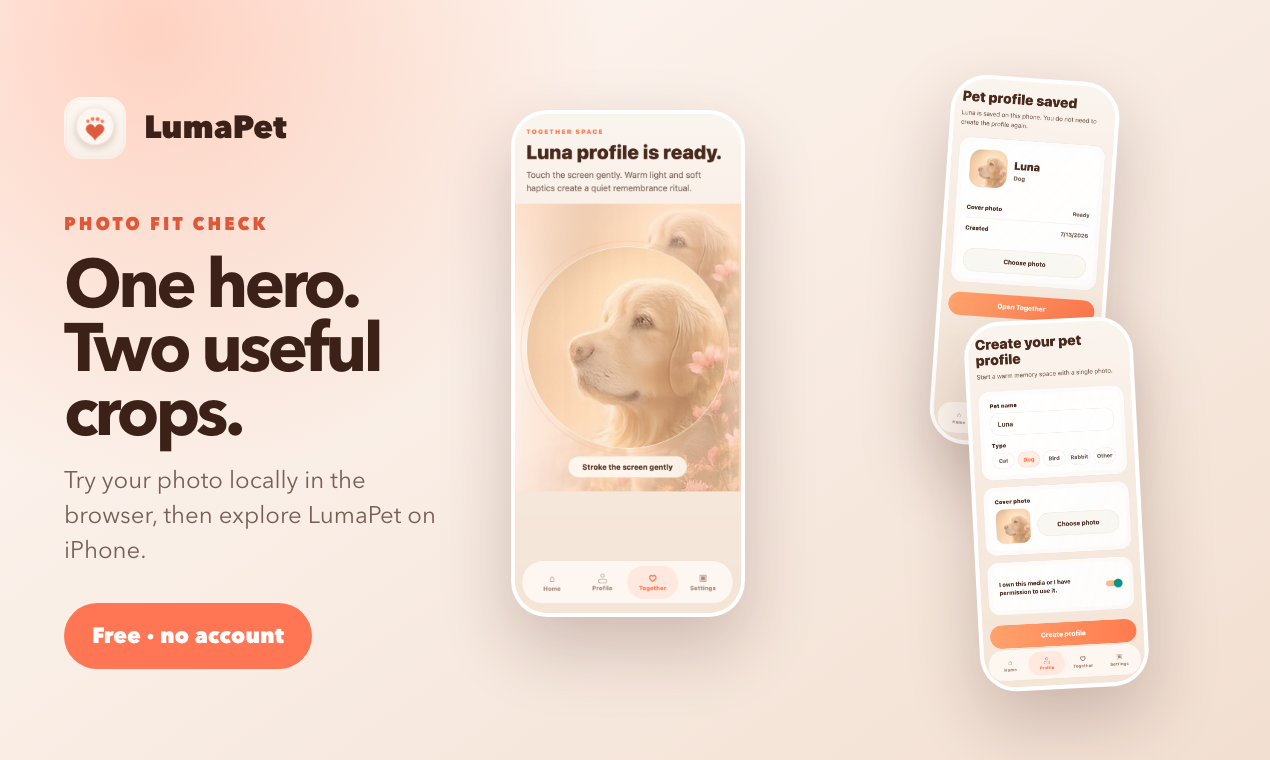 LumaPet Photo Fit Check campaign showing one hero app screen and two profile details