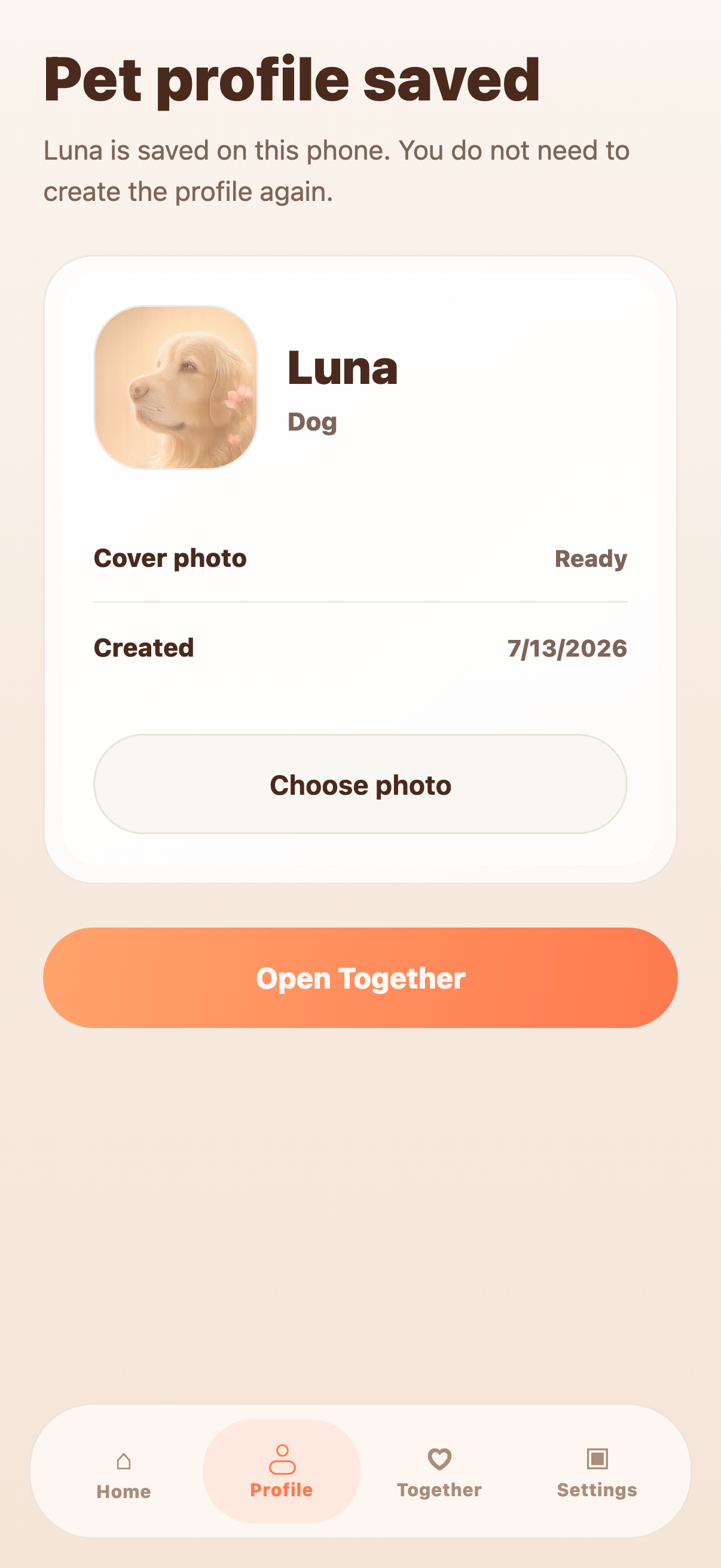 Saved LumaPet pet profile