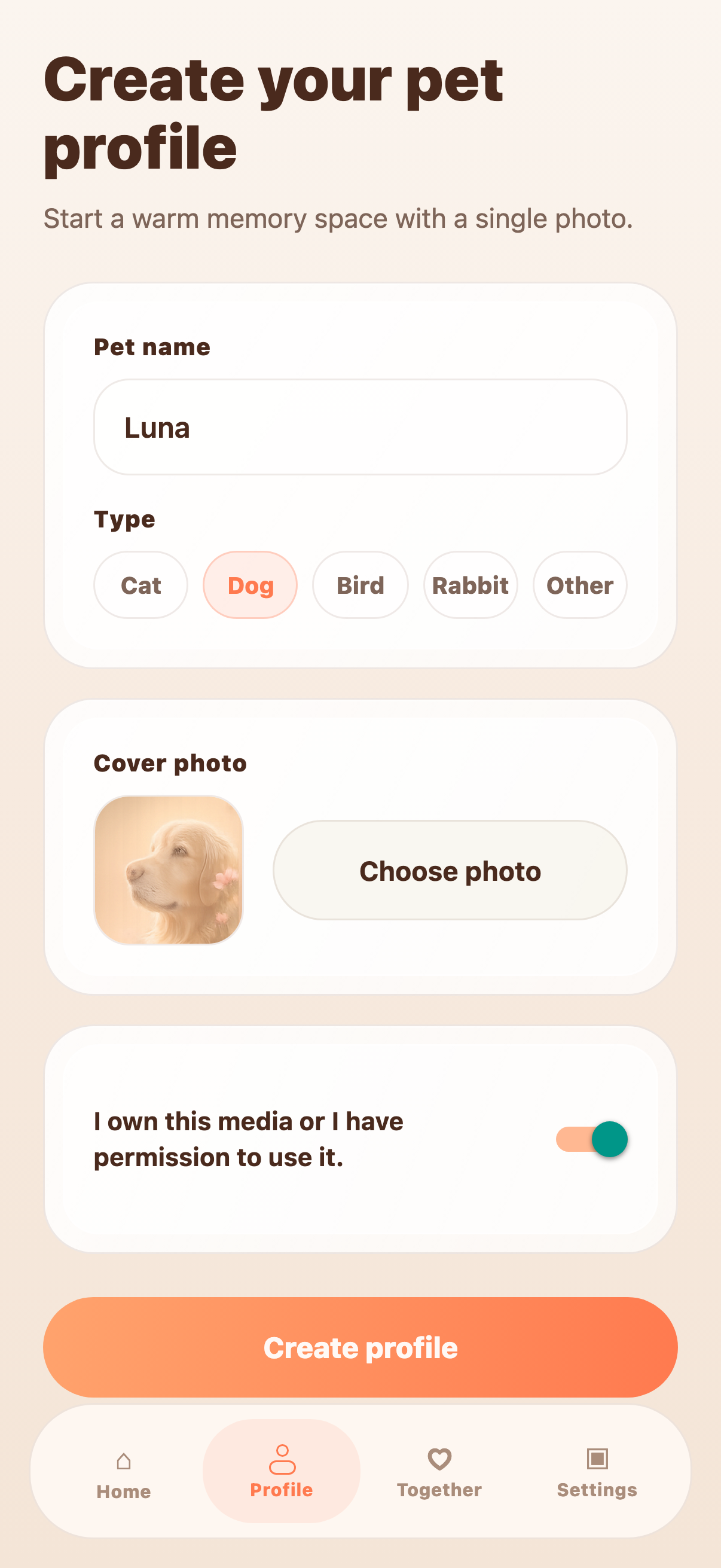 Create pet profile screen